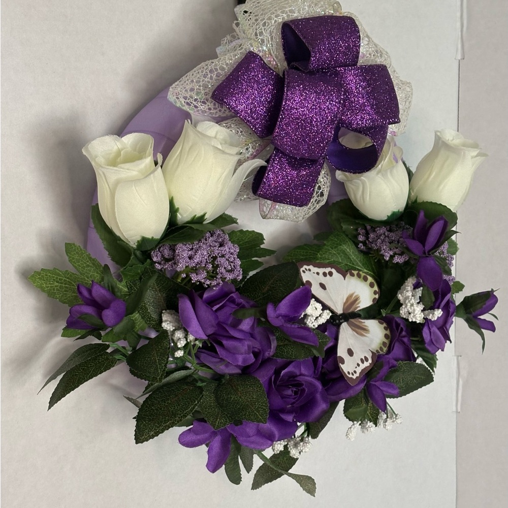 Purple & White Floral Wreath with Butterfly Accent. 12 inches round.